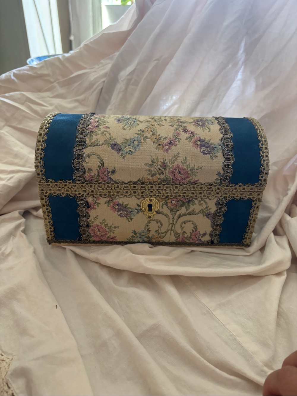 Vintage Floral Fabric Blue Trunk Jewelry Chest